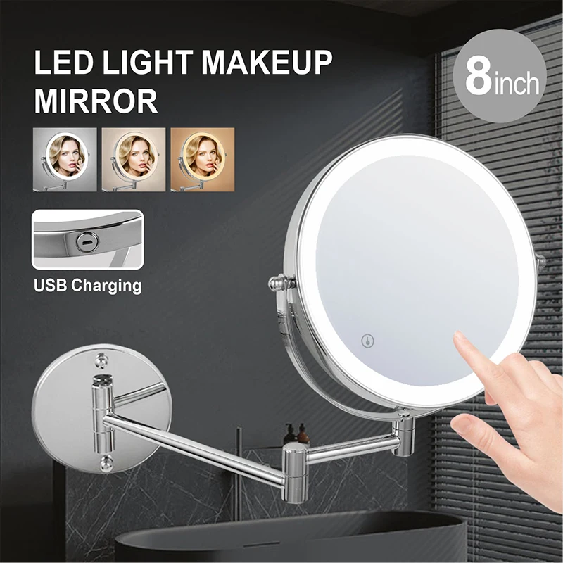 

8 inch Wall Mounted Makeup Mirror 5/7/10X Magnifying Double Side Folding Arm Extend USB Charging Bathroom Smart Cosmetic Mirrors