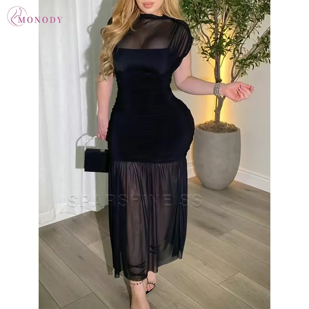 

Black Mesh Ruched Maxi Dress Women Sheer See Through Short Sleeve Bodycon Long Dress Elegant Evening Party Clubwear