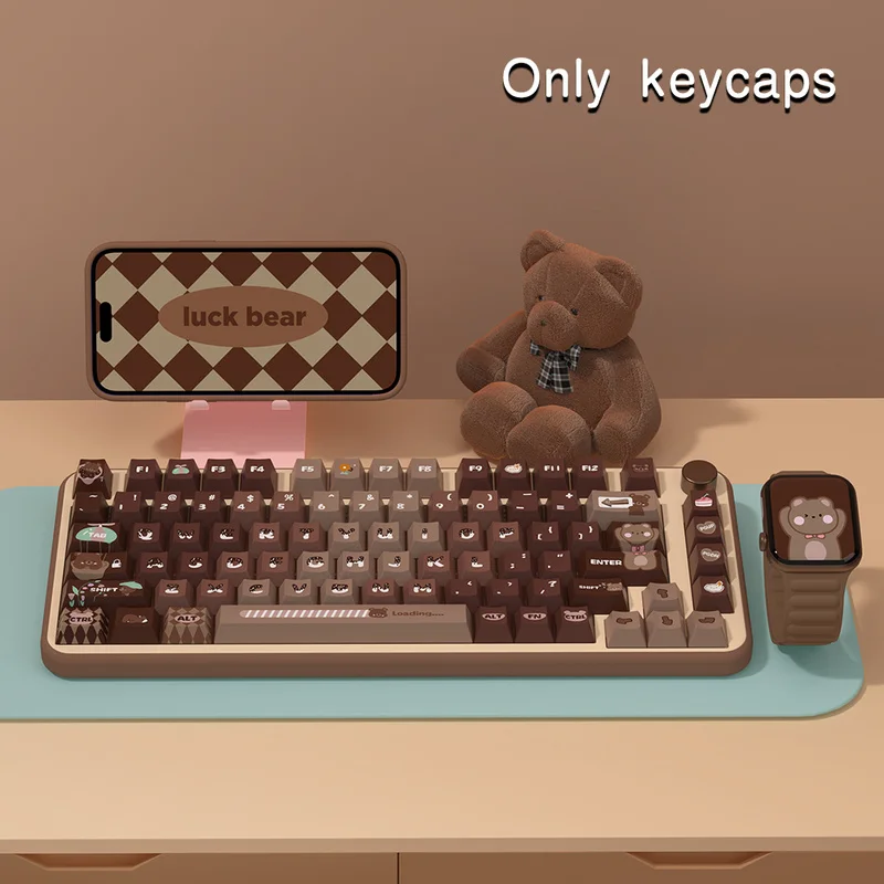 2024 New Lucky Bear Theme 138/158 Key Cherry Profile Pbt Thermal Sublimation Mechanical Keyboard Anime Cartoon Brown Game Keycap