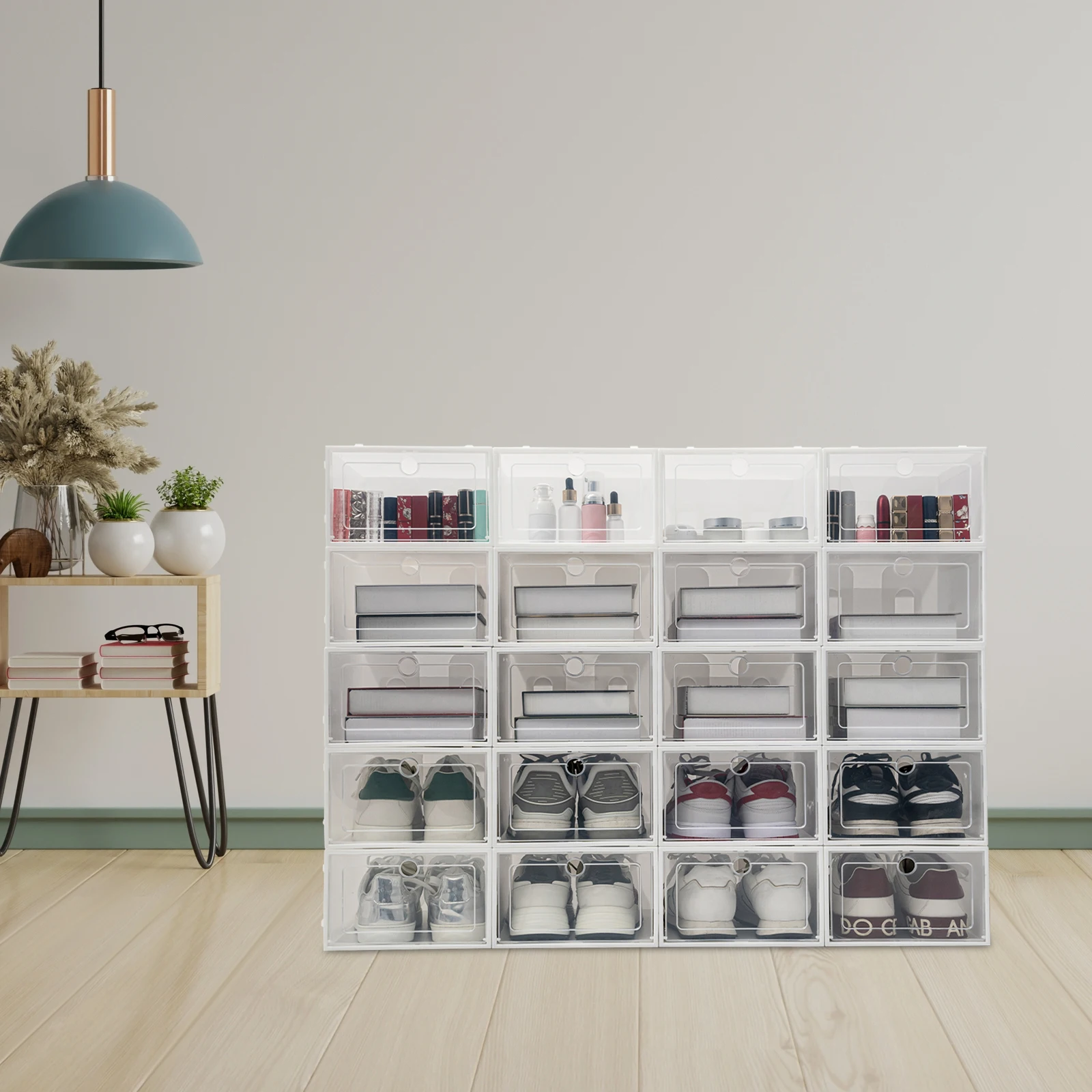 

20 PCS Oblique Stripe Design Stackable Shoe Boxes White Transparent Foldable Storage Organizer for Closet, Books & Accessories