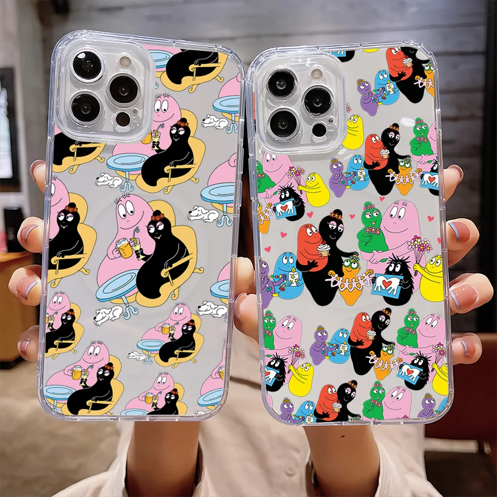 Cartoon Barbapapa Cute For IPhone 16 15 14 13 12 11 Pro Max Plus Transparent Magnetic Suction Phone Case