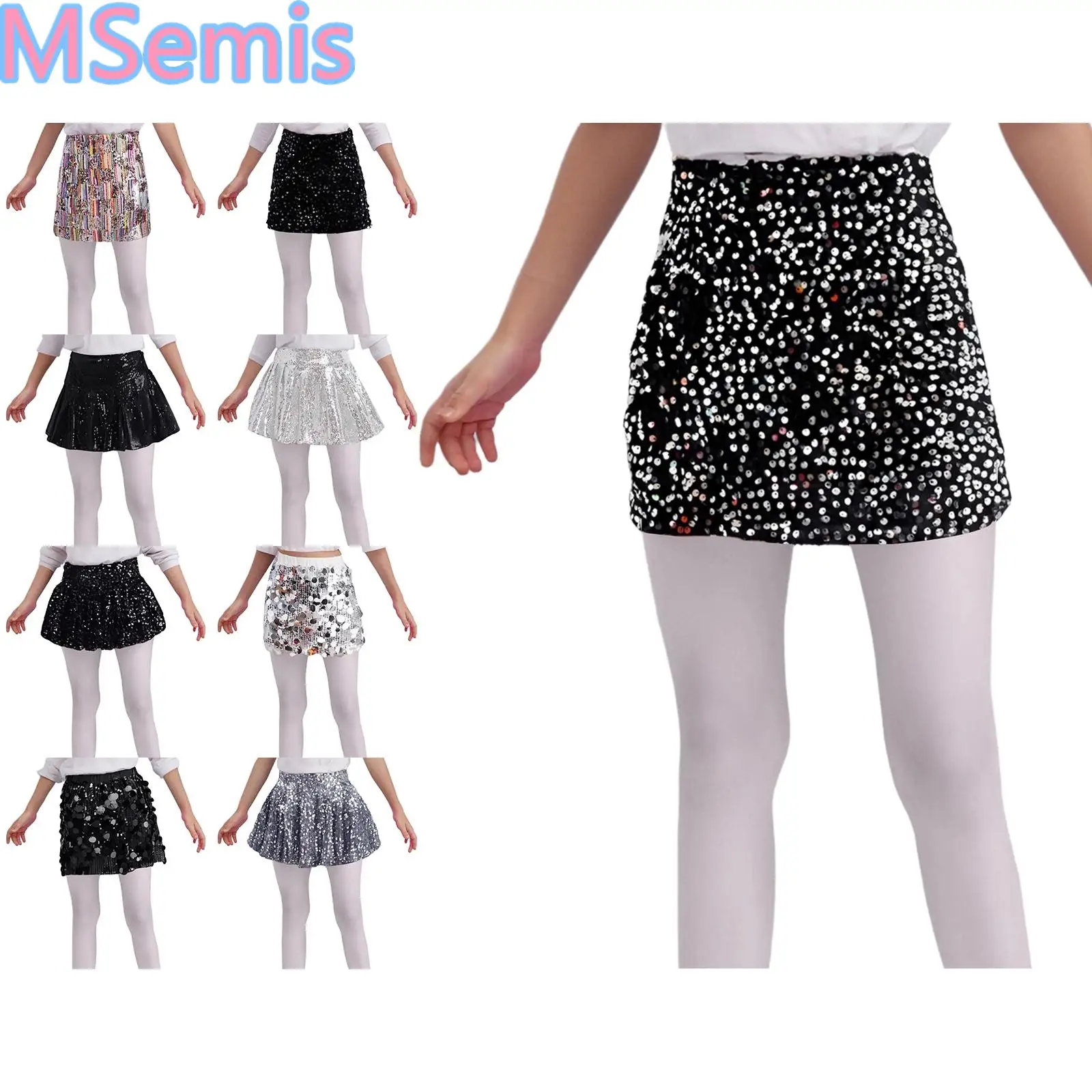 

Kids Girls Sequins Dance Skirt Sparkling Elastic Back Waist Skirt with Built-in Shorts for Birthday Party Stage Performance