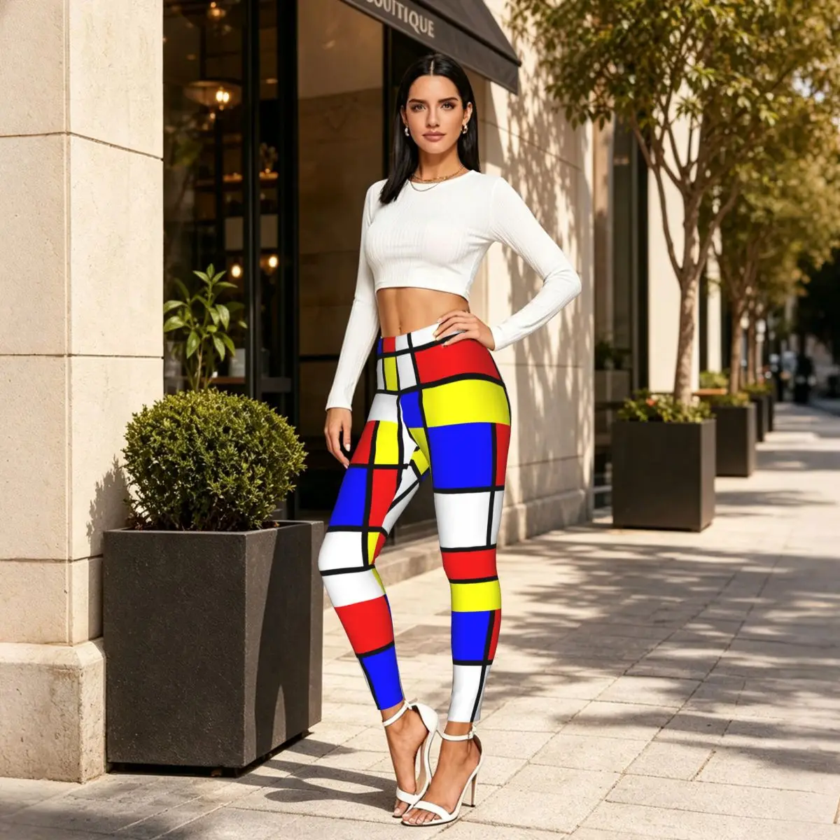 Casual Ladies Slim Leggings Mondrian Composition Elastic High Waist Sports Daily Wear Trousers