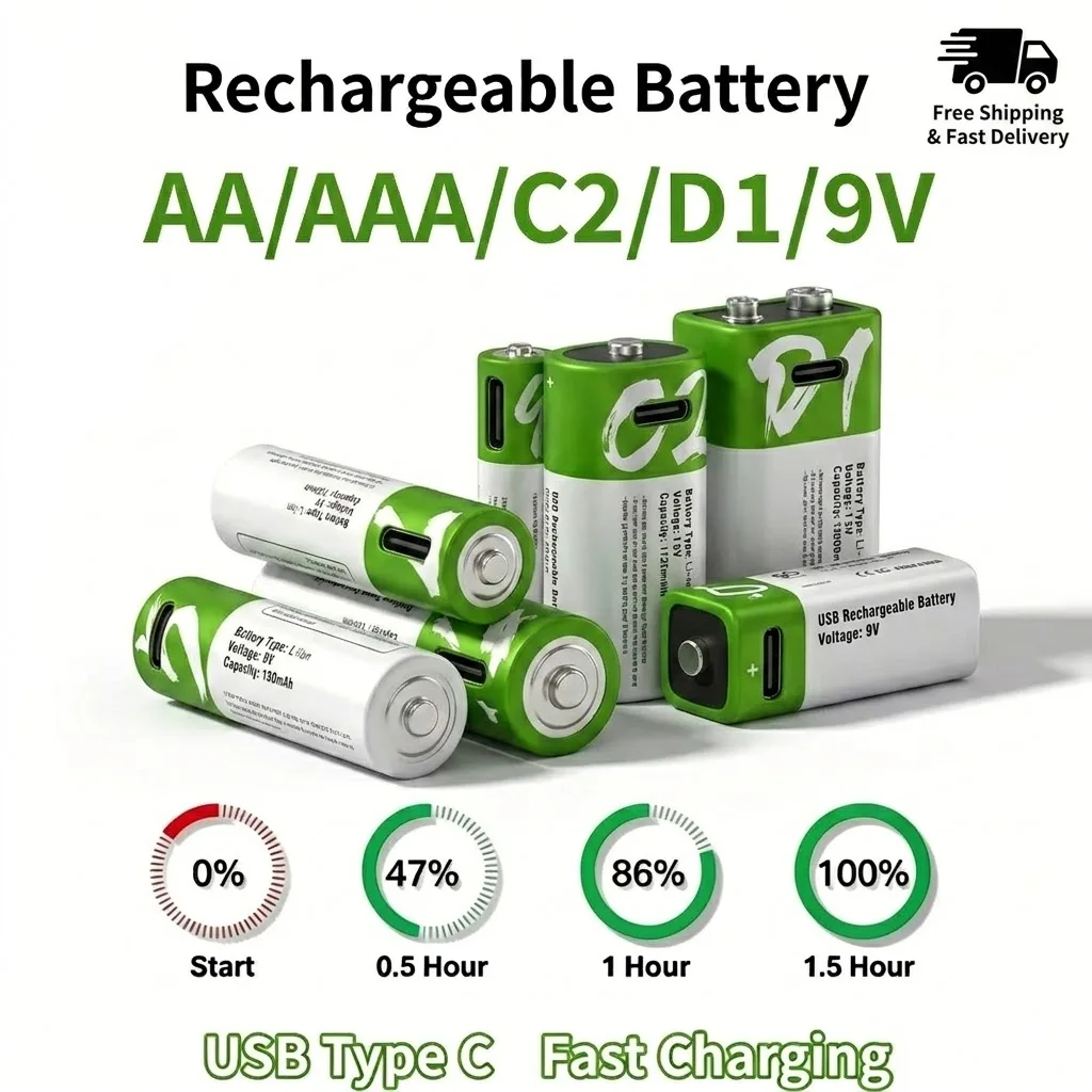 

USB Lithium Rechargeable Batteries Type‑C Fast Charge AA AAA 9V C D for Home Electronic Devices