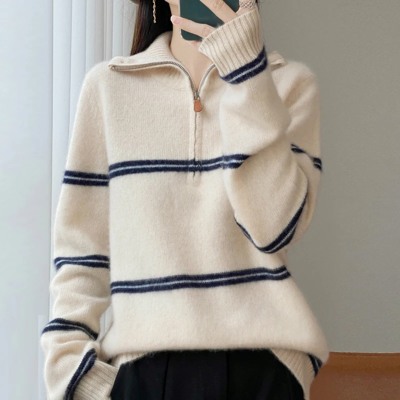 

TLOML New Women's Half Zipple Pullover Casual Loose Turn Down Collar Cashmere Sweater Autumn Winter Thick 100% Merino Wool Knit