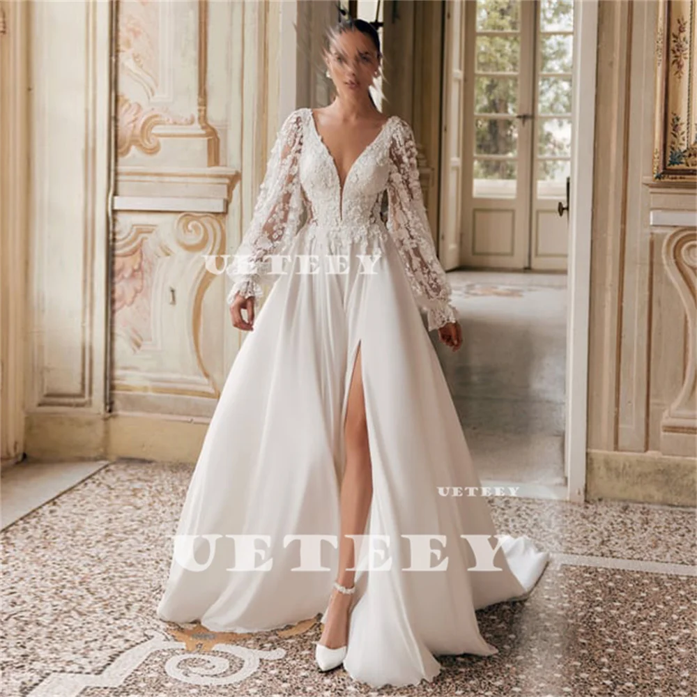 UETEEY Customized Deep V Neck Puff Sleeves Crepe A Line Wedding Dress Flowers Lace High Slit Open Back Court Train Bridal Gown