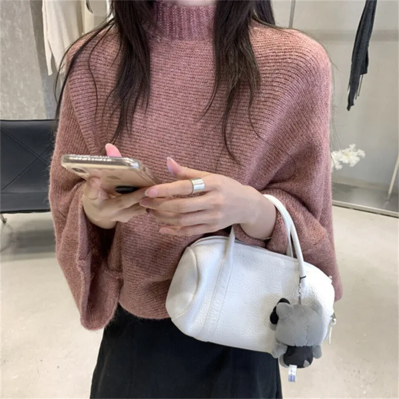 

Lazy Wind Bat Sleeve Meat Covering Half Turtleneck Knitted Sweater Autumn and Winter New Pullover Sweater