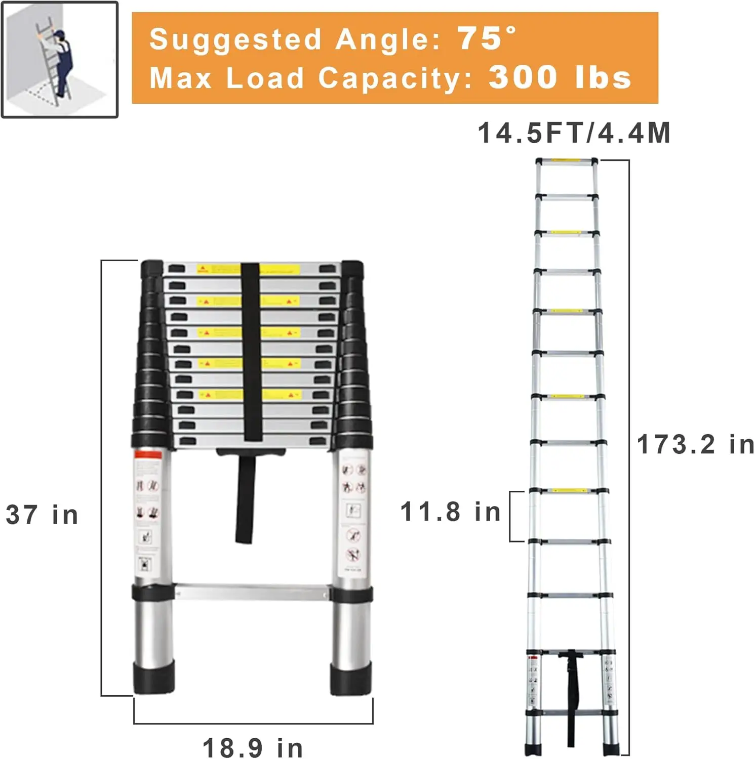 Extension Ladder 14.5 FT, Folding Telescopic Aluminum Ladders, Lightweight Collapsible Ladder Step for RV Roof Attic Home, 330 L