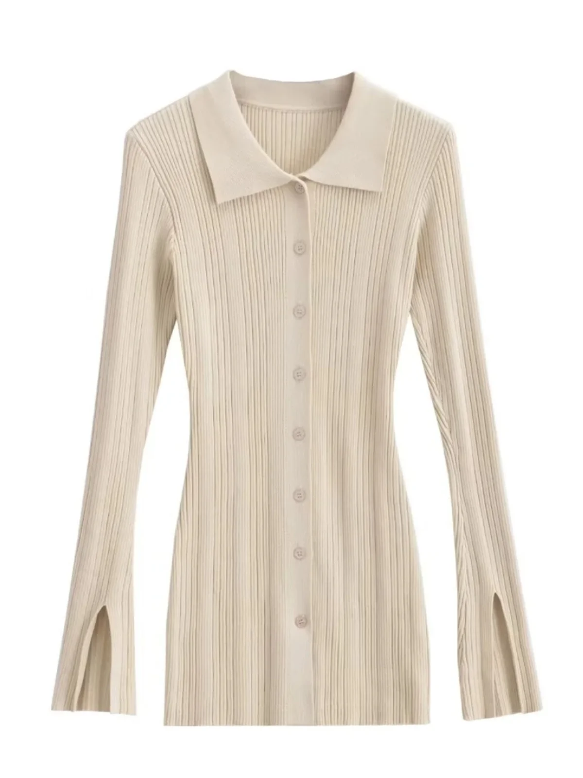 디자인 센세이션 여성용 네 스플릿 니트웨어 싱글 버튼 슬림핏 탑 롱 슬리브 미드 길이 출퇴근용 슬레 가을 2023