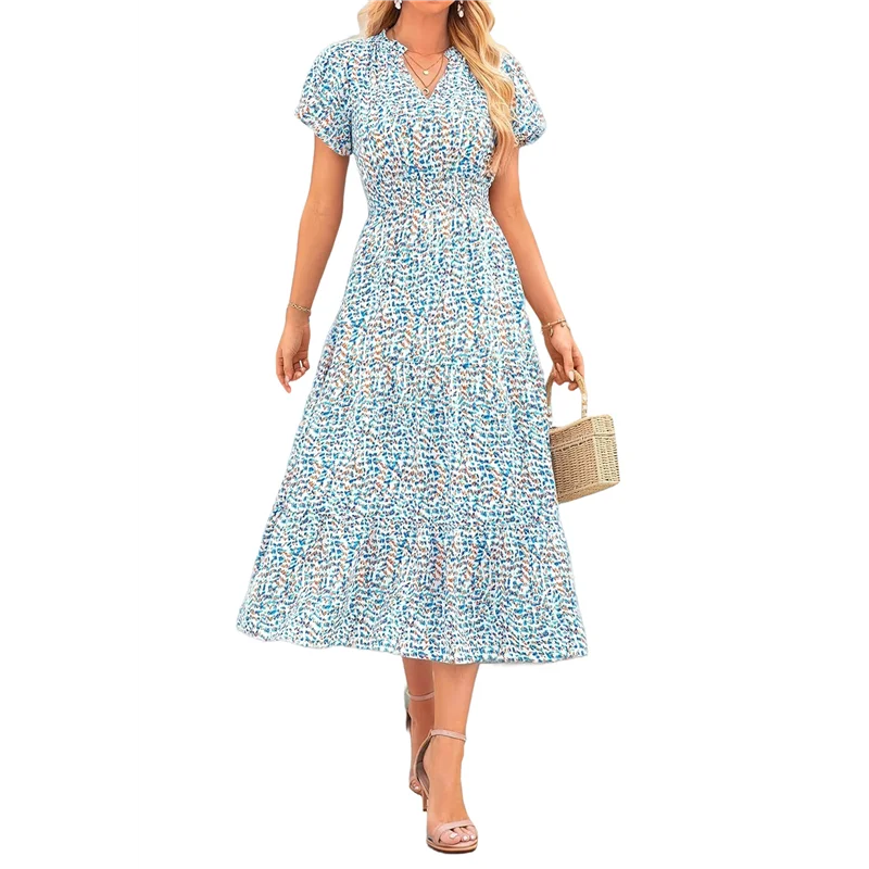 Intuitive Summer For Women 2025 Casual V Neck Puff Short Sleeve Smocked Flowy Beach Boho Long Floral Maxi Dress