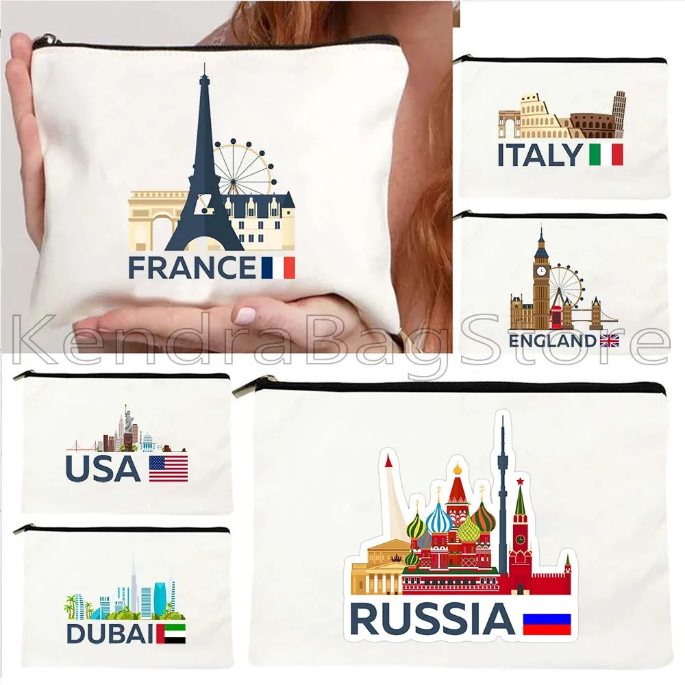 Egypt London Paris Italy Rome India Sydney Moscow UAE Dubai New York Skyline Gifts Canvas Cosmetic Makeup Bag Pencil Case Pouch