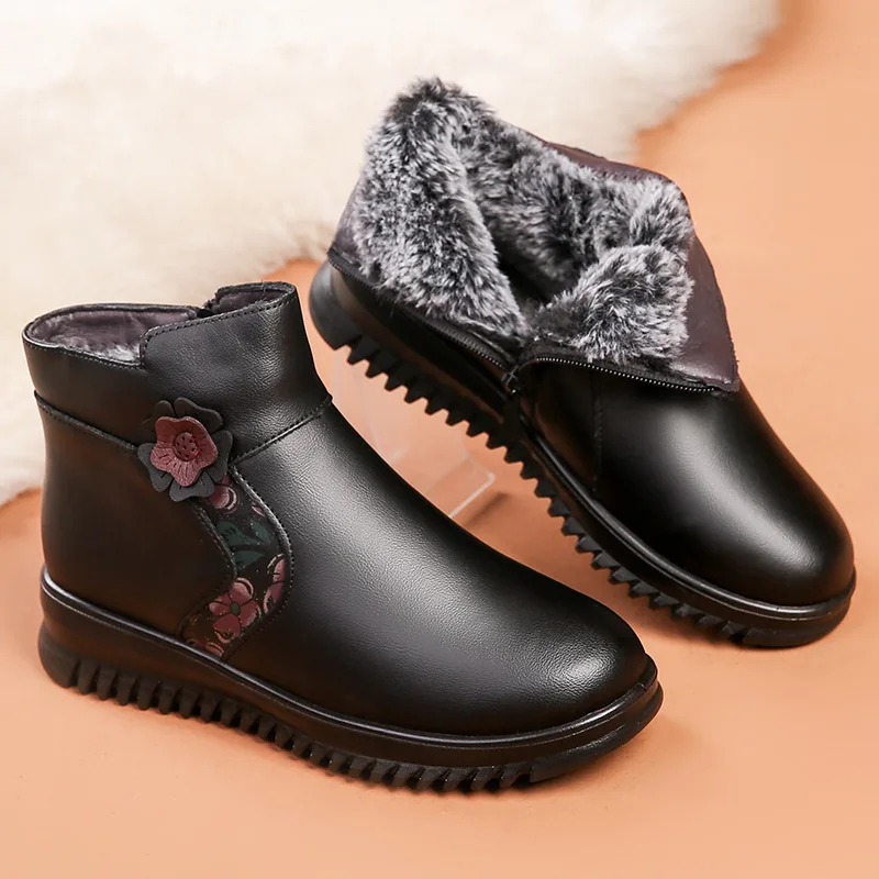 Winter Shoes Fashion Women Genuine Leather Wedges Ankle Boots Casual Keep warm Women Snow Boots Mother Waterproof Non-slip Boots