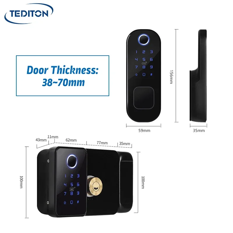 Tediton-Biometric Fingerprint Door Handle Lock para Grill, impermeável, duplo lado, impressão digital dupla, senha, RFID