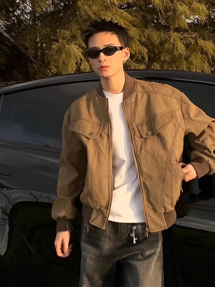

Washed Brown Short Workwear Jacket Men's Spring Autumn Baseball Style American Retro Harrington Coat Loose Fit Pocket Design ...