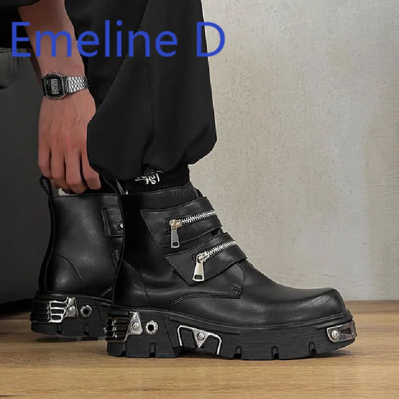 

Dark Punk High Top Shoes Fashionable Men's Zipper Belt Design Thick Sole Height Increasing Sleeve Trendy Casual Short Boots