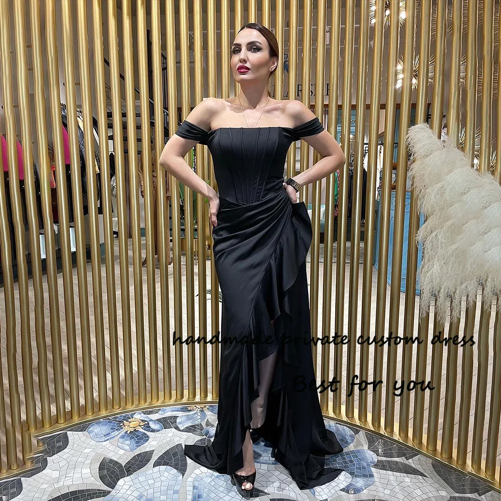 

Black Mermaid Evening Dresses Off Shoulder Pleats Satin Long Prom Party Dress with Slit Floor Length Evening Party Gowns