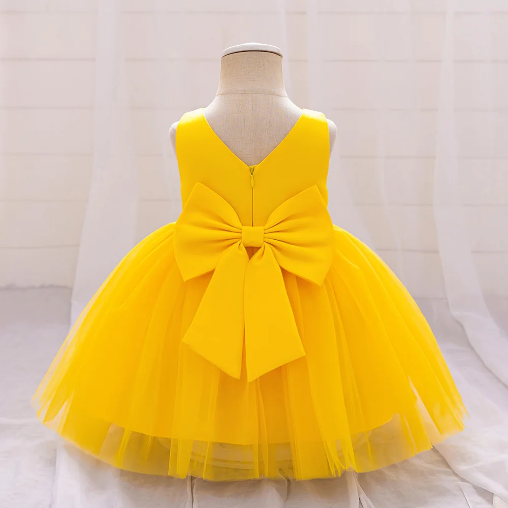 Bow Baby Girls Wedding Dress Tulle Toddler 1st Birthday Party Gown V-neck Infant Baby Princess Dresses For Girl Summer Clothes