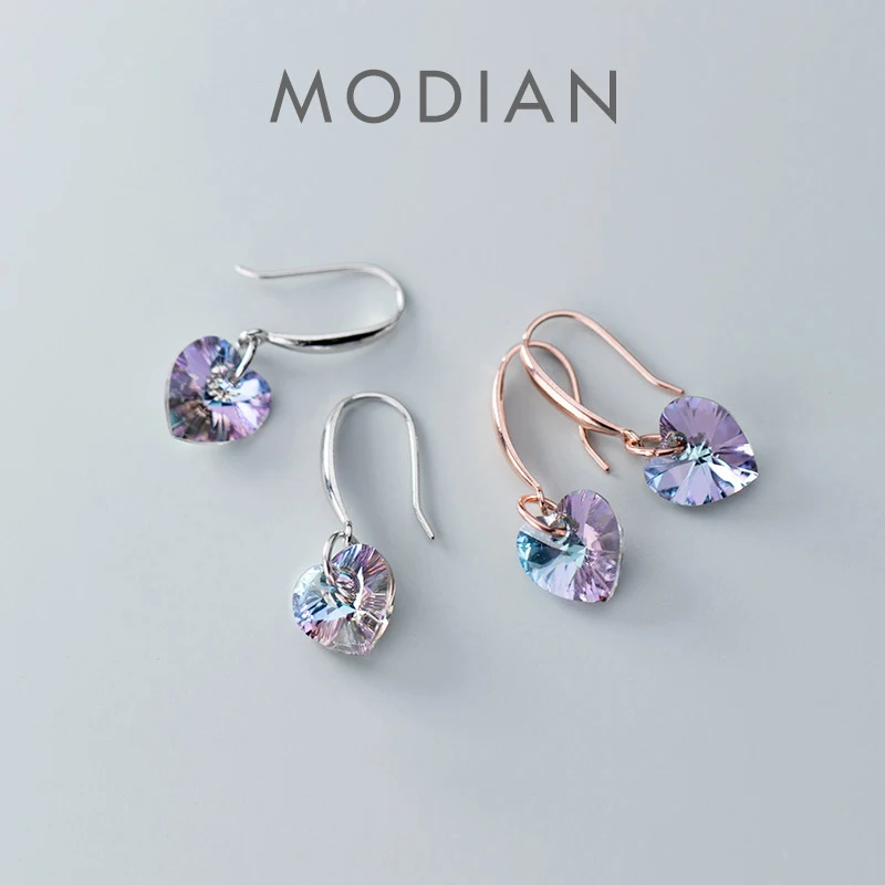 

Modian Authentic 925 Sterling Silver Charm Ear Heart Shape Rainbow Crystal Dangle Earrings for Women Lady Fashion Jewelry Gift