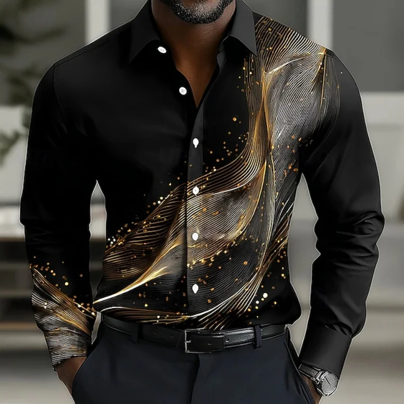 Men's streamlined abstract printed long sleeved shirt, light luxury art gold thread pattern, lapel, party men's top