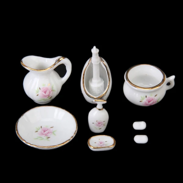 8 peças 1/12 casa de bonecas em miniatura acessório de banheiro produtos de higiene pessoal rosa floral cerâmica