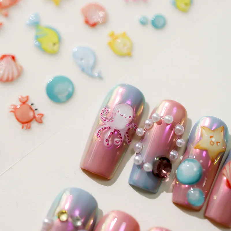 1PCS 5D Embossed Summer Sea Nail Kawai Stickers Dreamy Ocean Shell Animal World Nails Design Manicure Decoration Accessories DIY