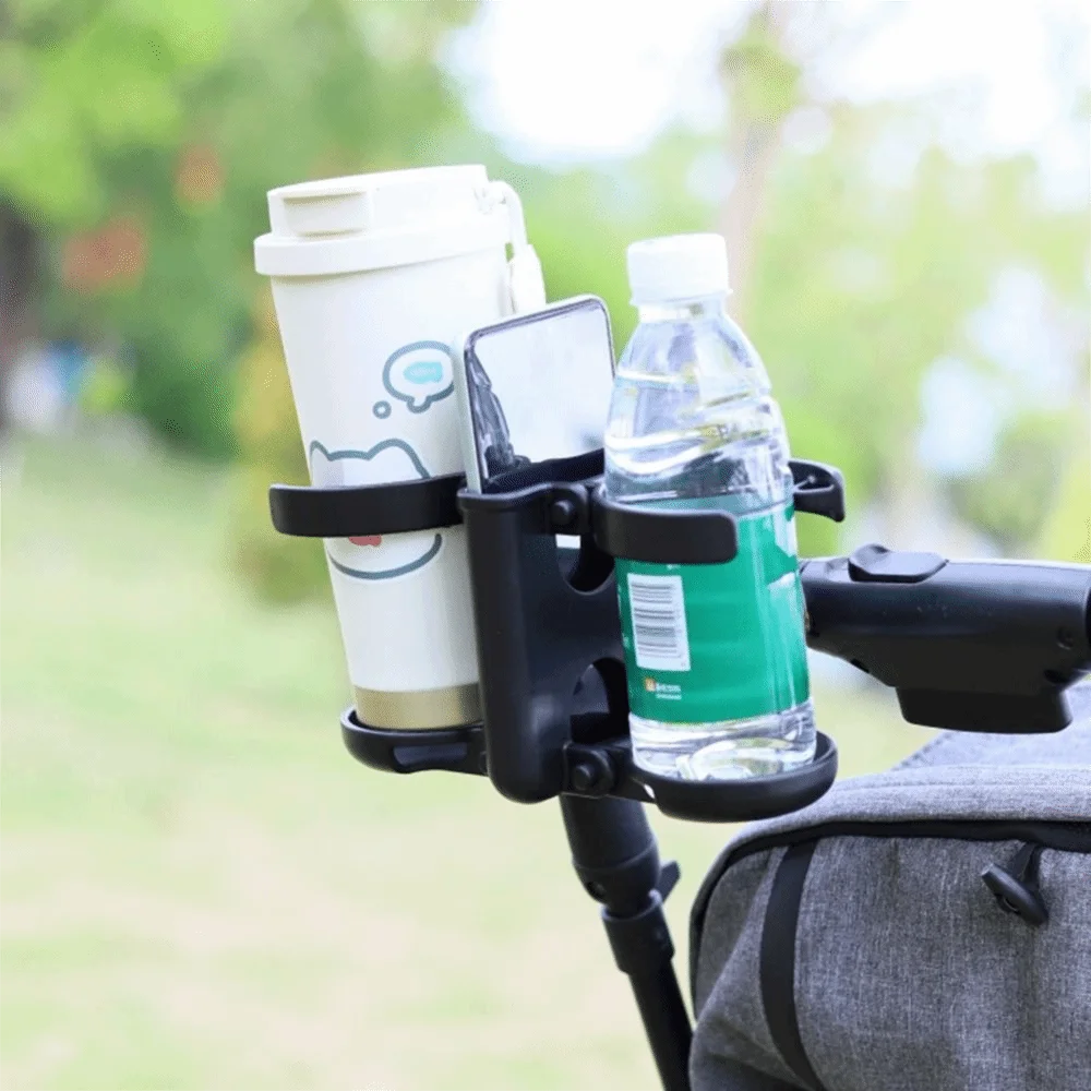 3 in 1 Stroller Cup Holder Double Cup Adjustable Drink Rack Foldable 360 Degree Rotating Pram Phone Mount Parent Use