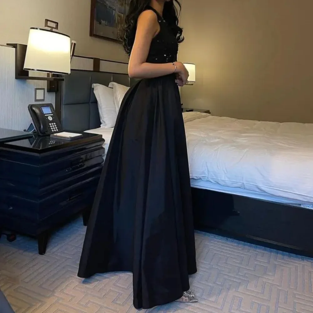 Classy Long Balck V Neck Beaded Spandex Evening Dresses Sleeveless A Line Floor Length Vestidos Para Eventos Especiales