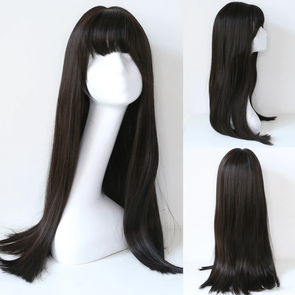 Sivir Perucas Sintéticas Para As Mulheres Longo Cabelo Liso Sedoso com Franja Castanho-Cor Preta Resistente ao Calor Diário/Festa/Cosplay