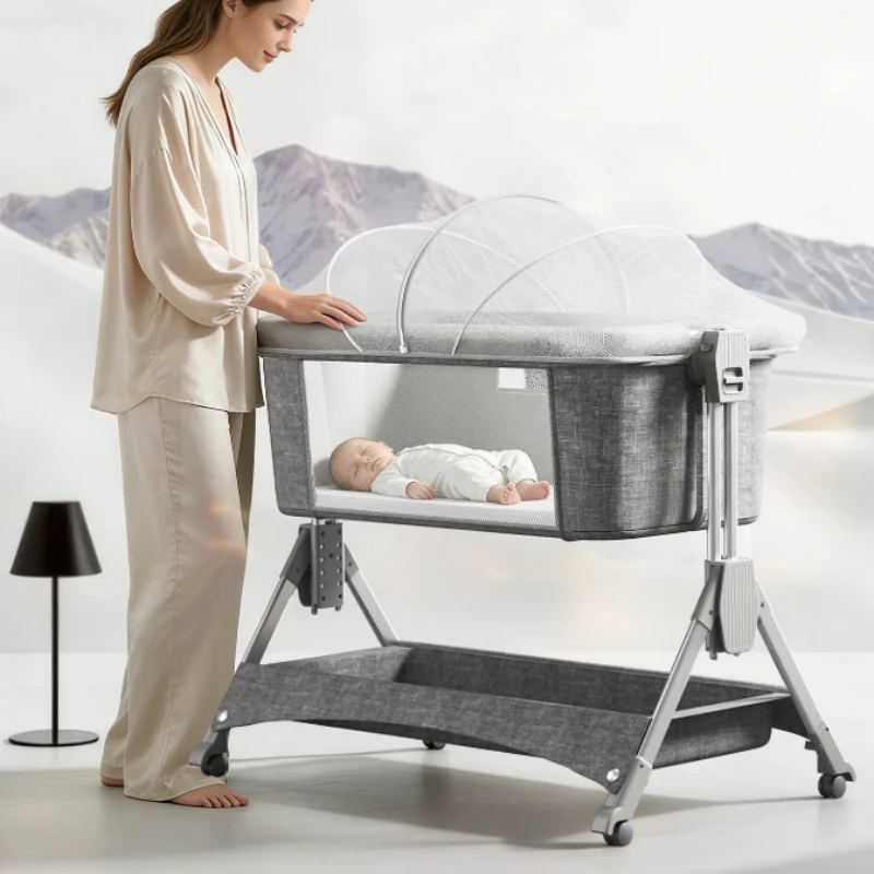 Multi Functional Baby Cribs with Foldable Height Adjustment Splicing, Portable and Movable Bedside Swing, Cradle, Sleeping Bed
