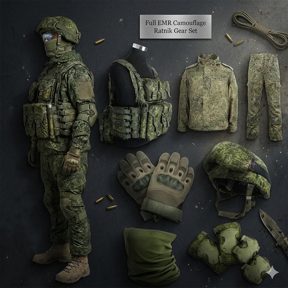 Full EMR Camouflage Tactical Gear Set Russian Combat training Suit with Vest Helmet Kneepads Touchscreen Gloves for CS Cosplay