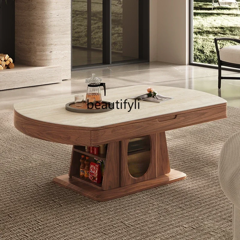 xzLifting rock slab coffee table dual-use living room small apartment living room multi-functional middle-aged style