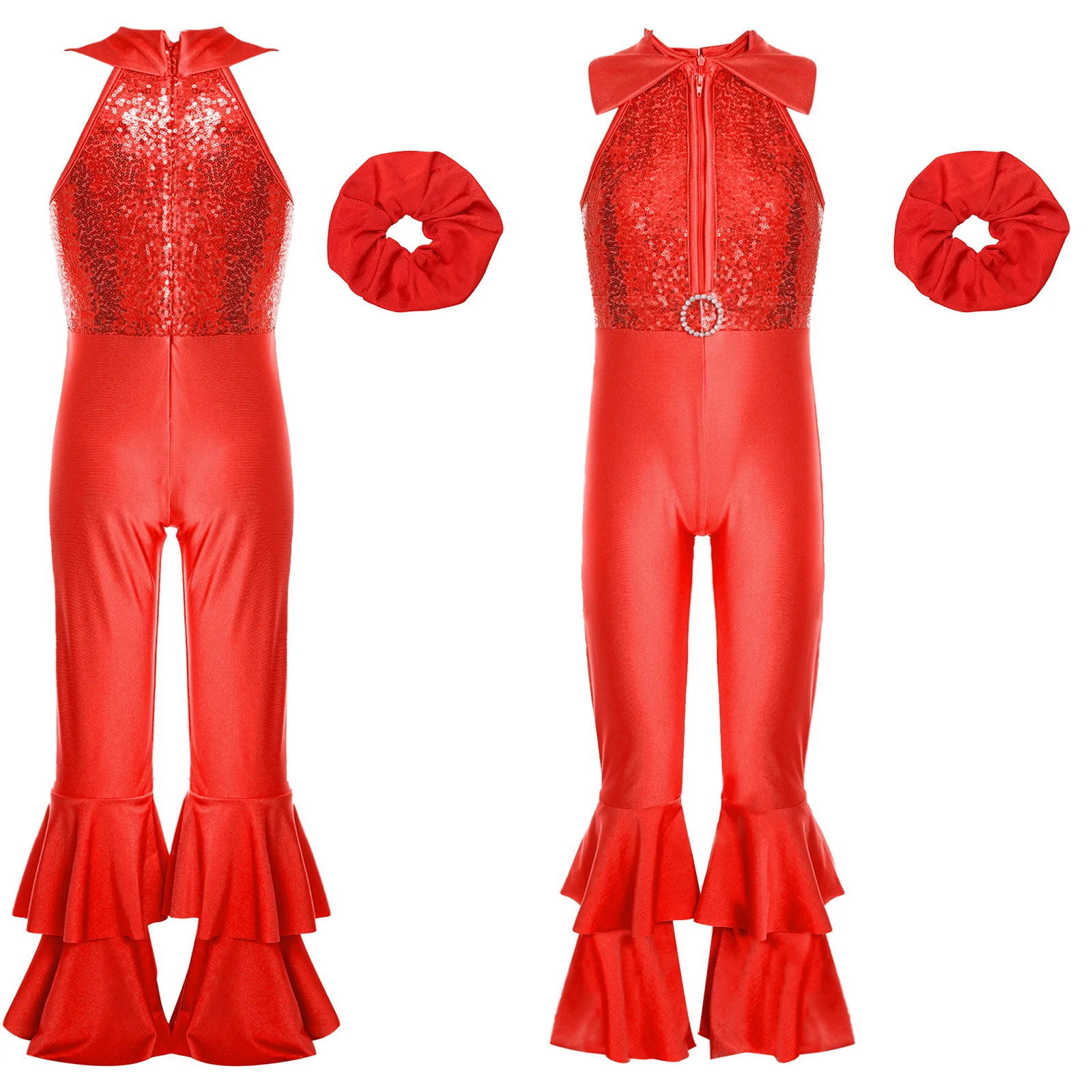 Kids Girls Jazz Disco Dance Jumpsuit Sleeveless Shiny Sequins Gymnastics Ballet Bell-bottom Bodysuit Unitards with Hair Band Set