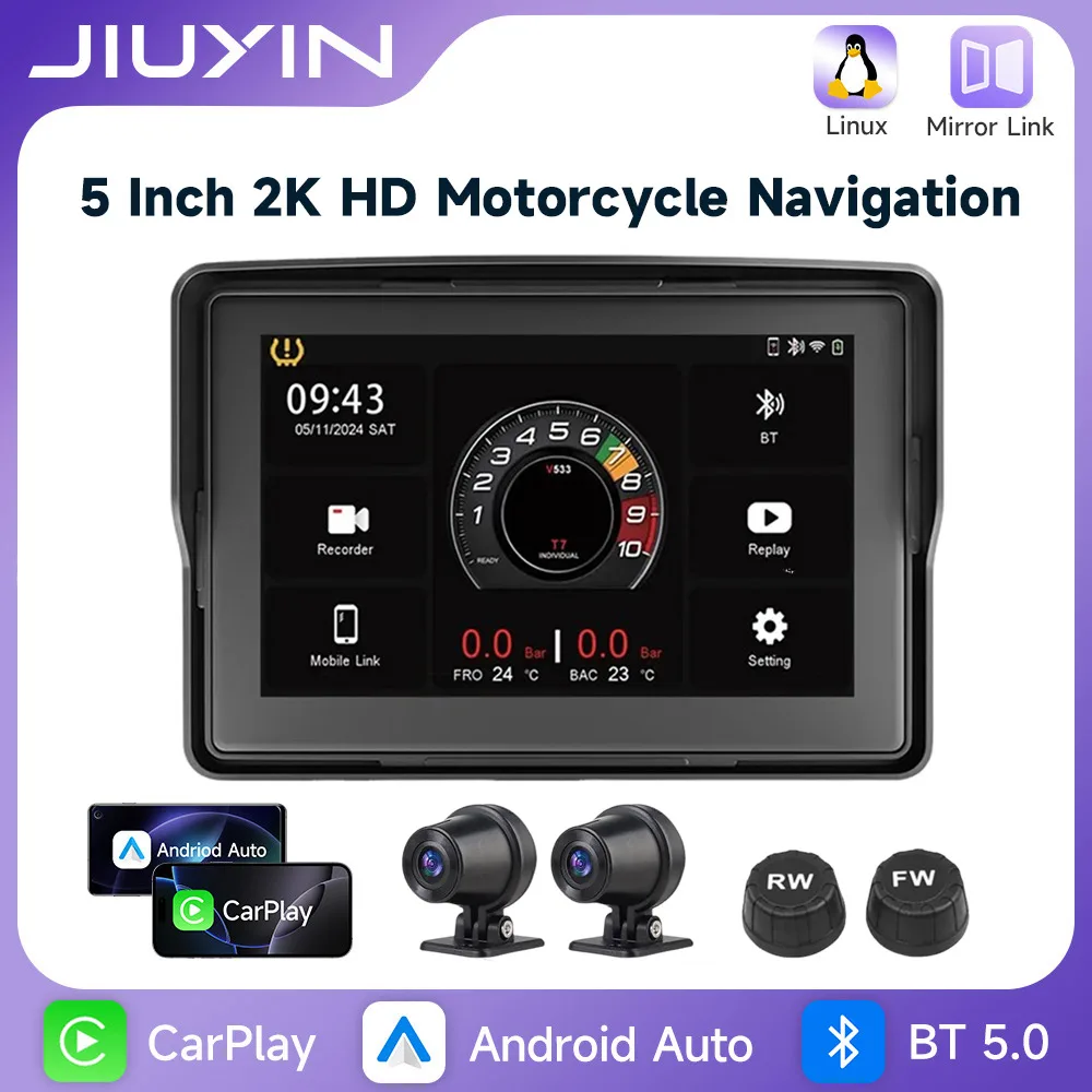 5 inch 2K HD Motorcycle DVR Navigation GPS Wireless CarPlay Android Auto Airplay Display Screen IPX8 Portable Multimedia Player