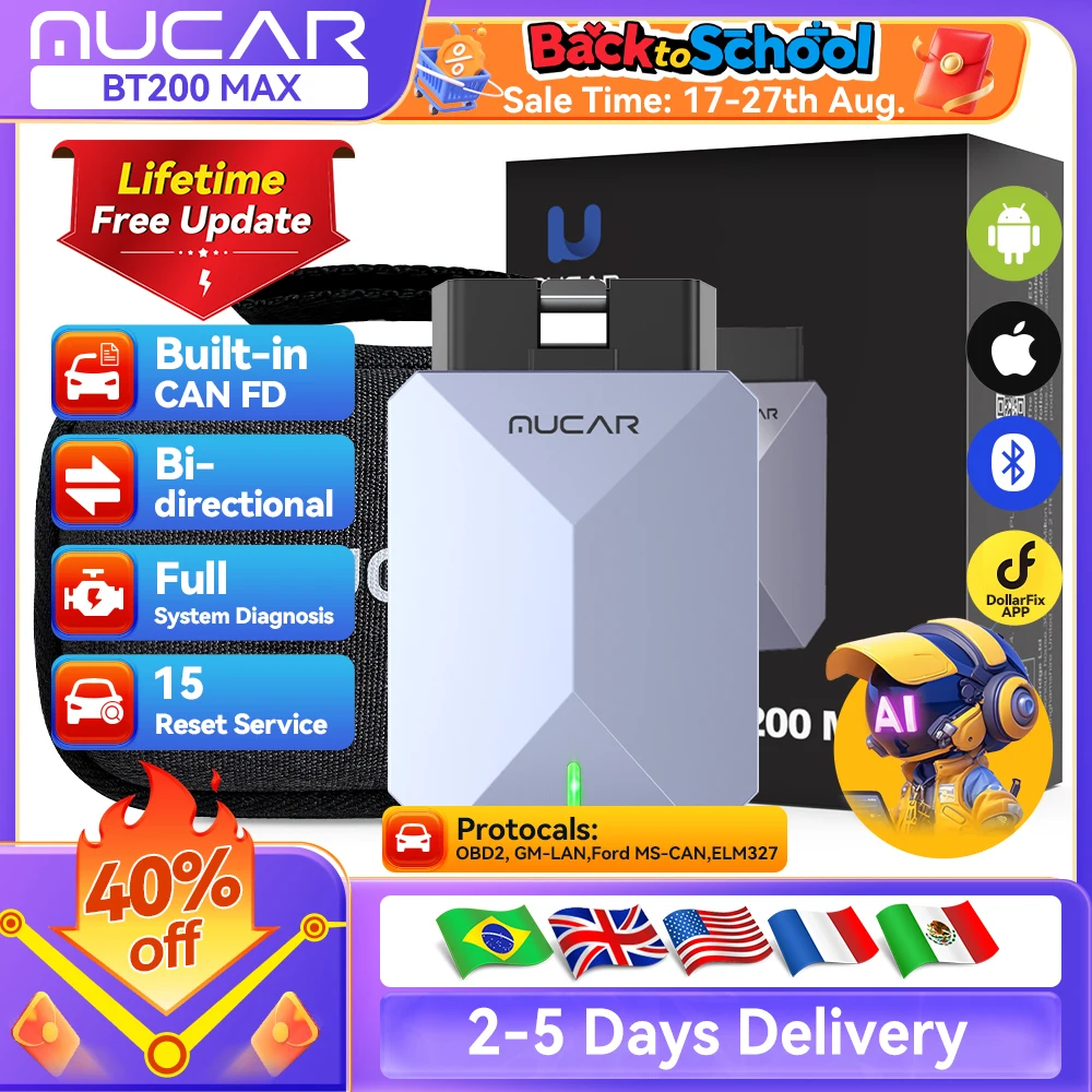 Бесплатное обновление на весь срок службы сканера MUCAR BT200 Max OBD2, CAN FD, двунаправленное управление всеми системами, диагностический инструмент со сбросом 15 для всех автомобилей Бесплатное обновление на весь срок службы сканера MUCAR BT200 Max OBD2, CAN FD, двунаправленное управление всеми системами, диагностический инструмент со сбросом 15 для всех автомобилей