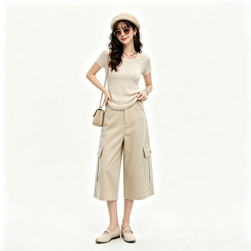 Women's Autumn Light Apricot High Waist Multi-Pocket Cargo Wide Leg Cropped Pants, Slim Casual Commuter Trousers