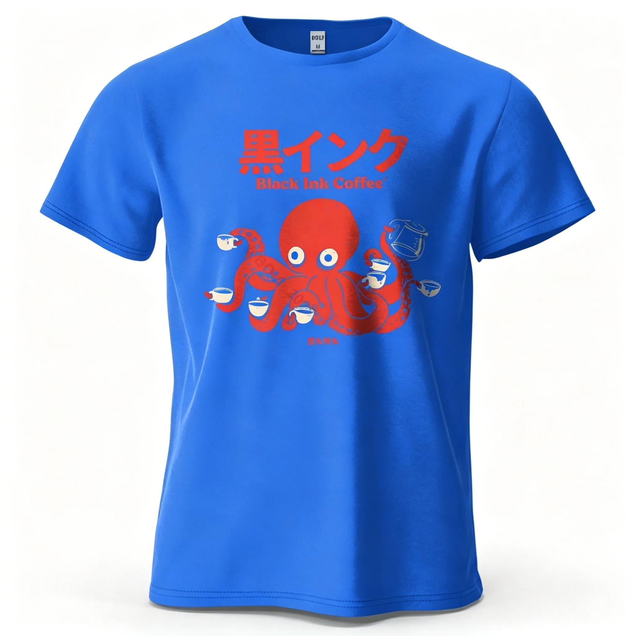 Unisex Octopus Coffee "Black Ink Coffee" T-Shirt mit japanischer Textgrafik, lässig, Rundhalsausschnitt, kurze Ärmel, lockere Passform, Baumwolle, Streetwear – Detail 12
