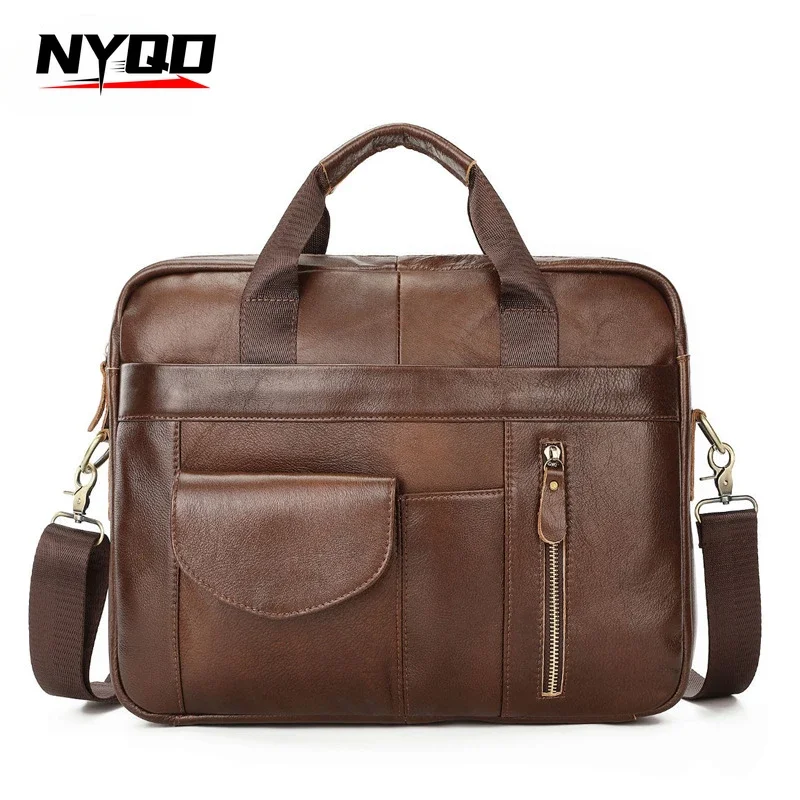 Genuine Leather Laptop Briefcase for Men Retro High Capacity Business Shoulder Bag Travel Messenger Bags for 15.6 Inch Computer