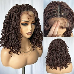 14inch Synthetic Braid Wig 4x4 Lace Frontal Curly Locs Dark Burgundy Large Parting Space Twist Dreadlock Wig for Black Women