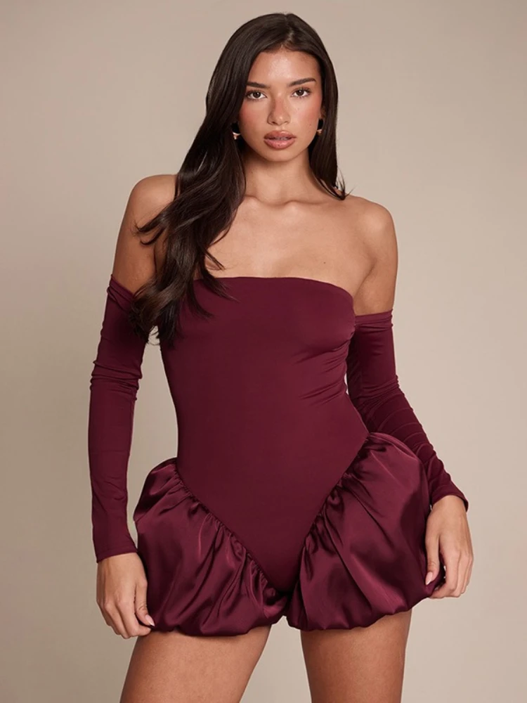 

FDYOUI Chic Strapless Bubble Bodysuit Women Off Shoulder Long Sleeve Backless Party Overalls Black Wine Red Jumpsuit Clubwear