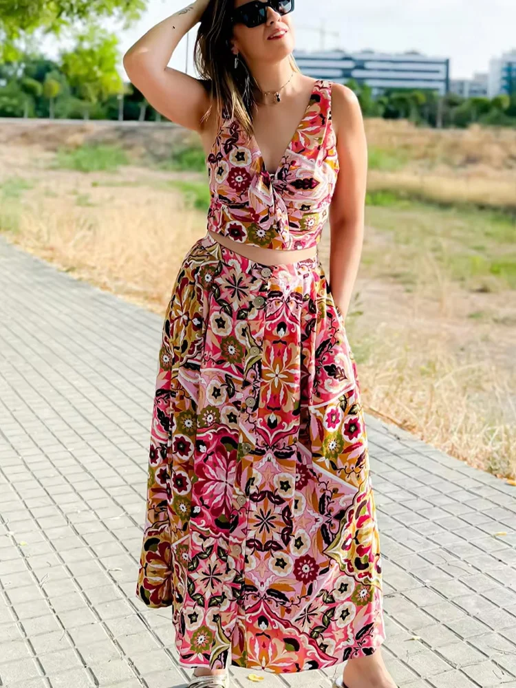 Set Rok Wanita HH Chic Atasan Pendek Tanpa Lengan Bermotif V-Neck dengan Dekorasi Ikat + Rok Midi Berpinggang Tinggi Bergaya dengan Kancing dan Saku