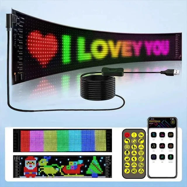 Panel pikselowy LED Matrix, przewijane jasne reklamowe znaki LED, elastyczny znak samochodowy LED USB 5 V Sterowanie aplikacją Bluetooth