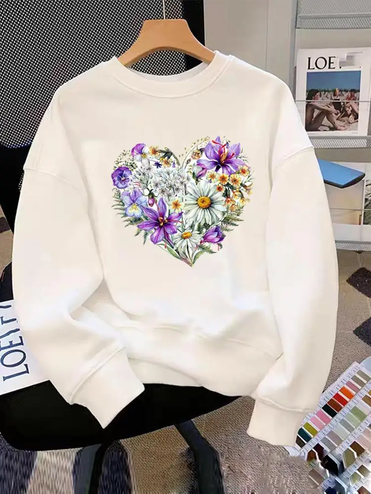 

Love Heart Flower Cute 90s Trend Clothing Female Long Sleeve O-neck Fleece Print Pullovers Fashion Women Graphic Sweatshirts