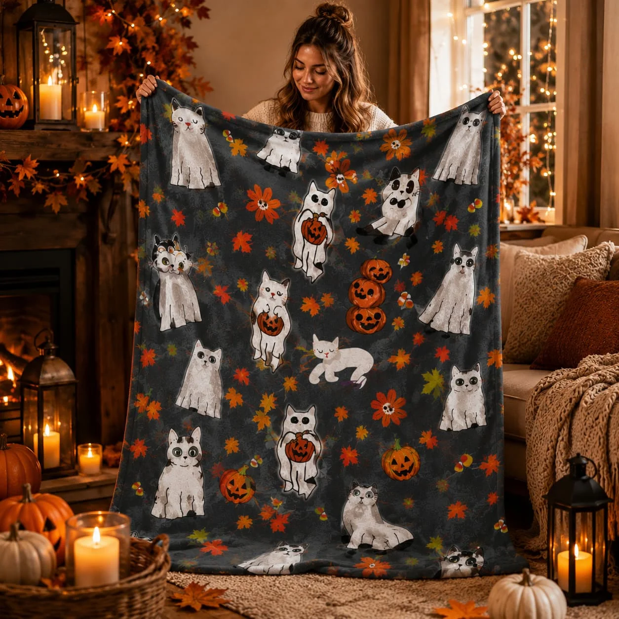 Halloween Cats Blanket Cute Ghost Cats Throw Blanket Spooky Halloween Kitties Housewarming Gift First  halloween baby blanket