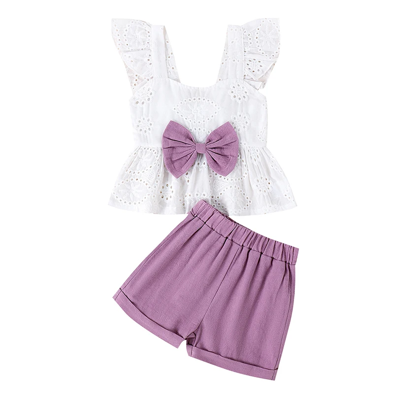 Little Girls Shorts Set Ruffles Flutter Sleeve Hollow Eyelet Embroidery Camisole Tops Elastic Waistband Shorts Outfits