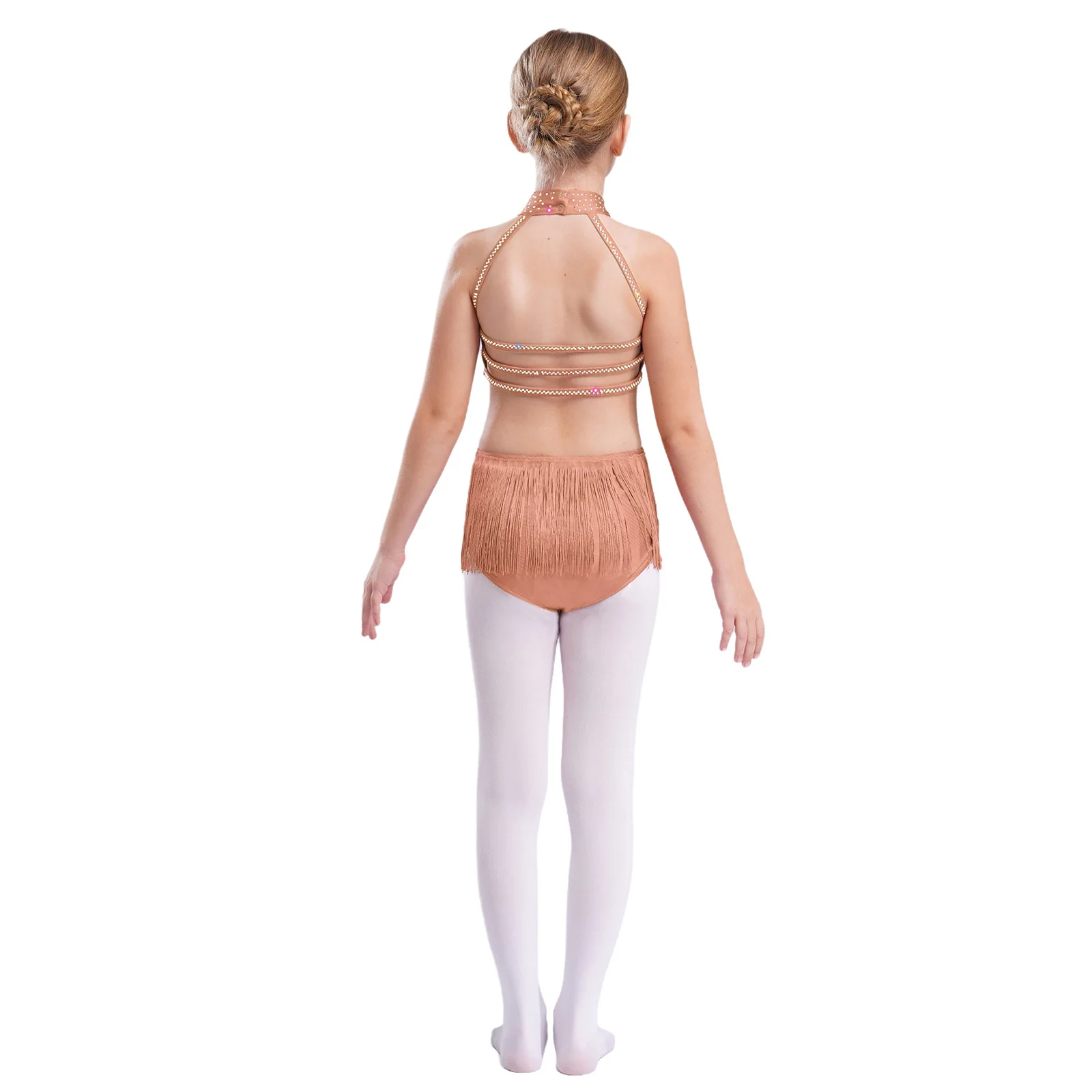 Enfants filles Latin Cha-cha Tango Samba danse justaucorps Costume enfant sans manches découpe dos nu glands strass frangé body