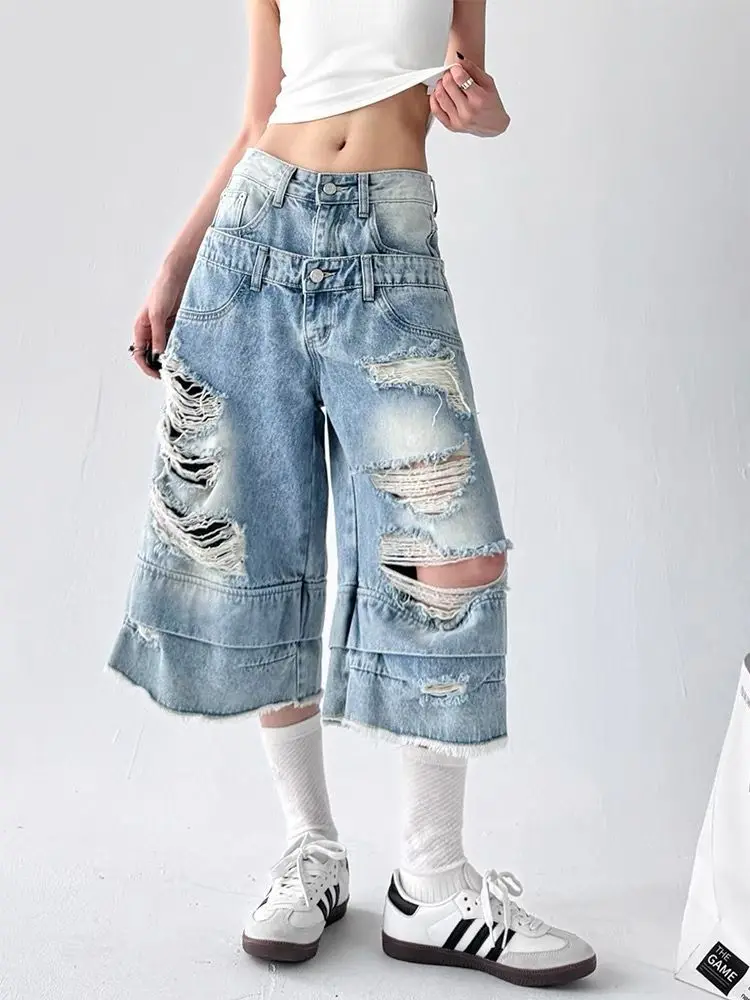 

Ретро американские потертые рваные прямые джинсы женские дизайнерские свободные широкие брюки с высокой талией длиной до колена мешковатые джинсы
