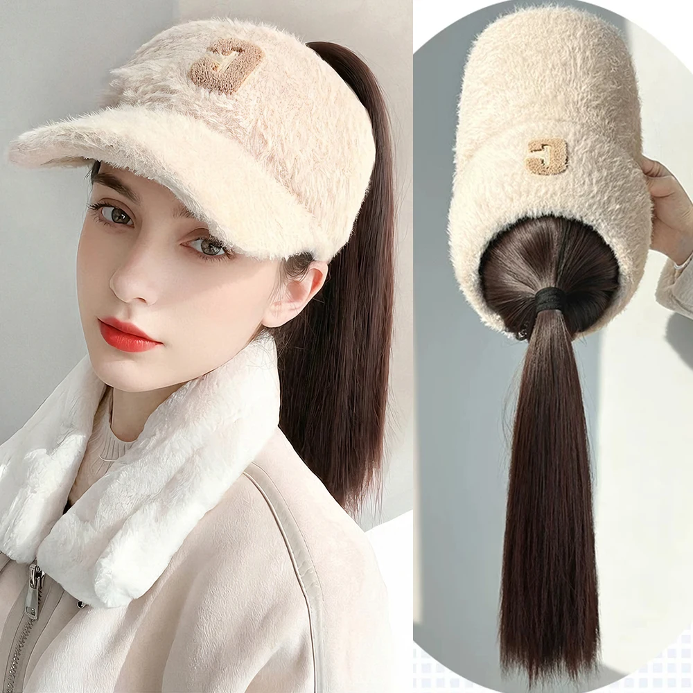 Synthetic Natural Straight Hair Ponytail Extension Wig Black Shade Baseball Cap All-in-one Easy to Wear Knitted Hat Wig
