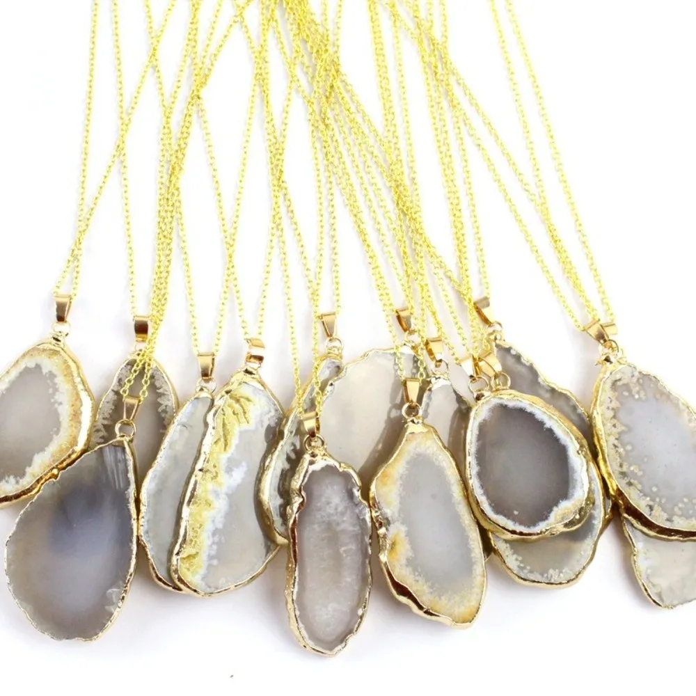 60*40mm Irregular Agate Geode Plated Gold Edged Handmade Druzy Agate Pendant DIY Jewelry Making Agate Wind Chime Meditation