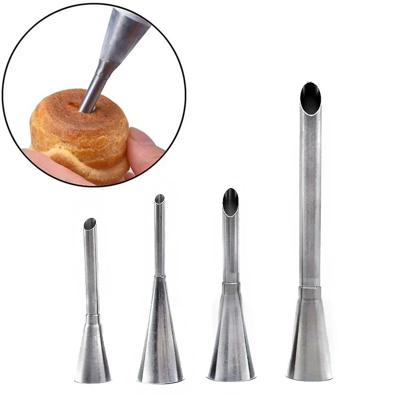 1-4pcs Cream Icing Piping Nozzles Stainless Steel Eclair Puff Nozzles Cupcake Filling Tubes Pastry Injector Syringe Piping Tips