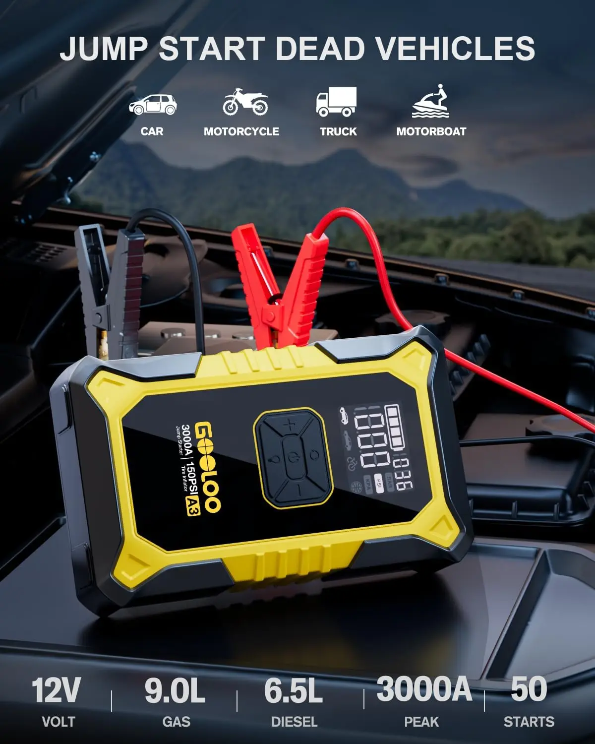 A3 Jump Starter with Air Compressor, 3000A Portable Car Battery Jumper Starter (9.0 Gas/6.5L Diesel) with 150PSI Auto-Shu